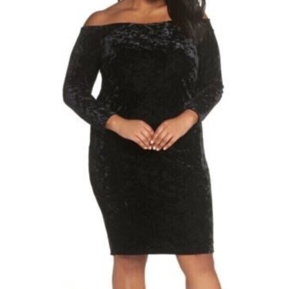 Eliza J Womens Plus 20W Black Crushed Velvet Off The Shoulder‎ Sheath Dress